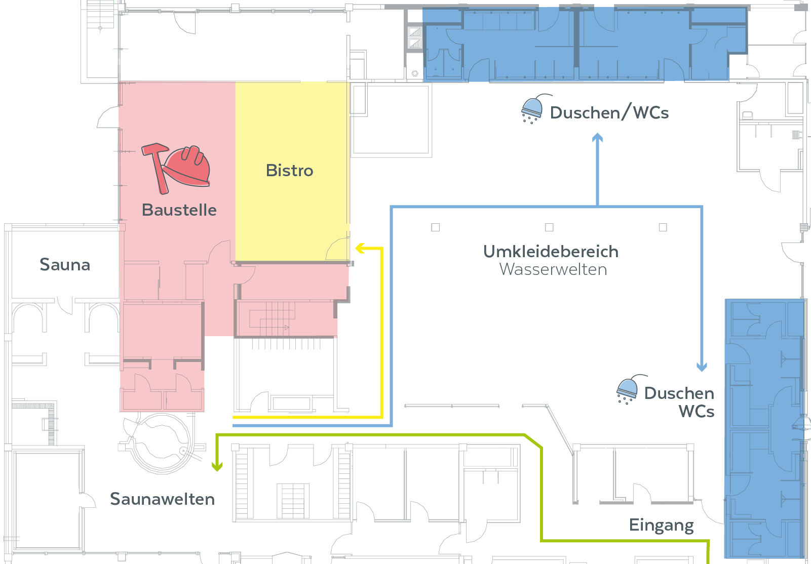 Lageplan des BMT. Der derzeitige Baustellenbereich rund um das Bistro (gelb) ist rot markiert.